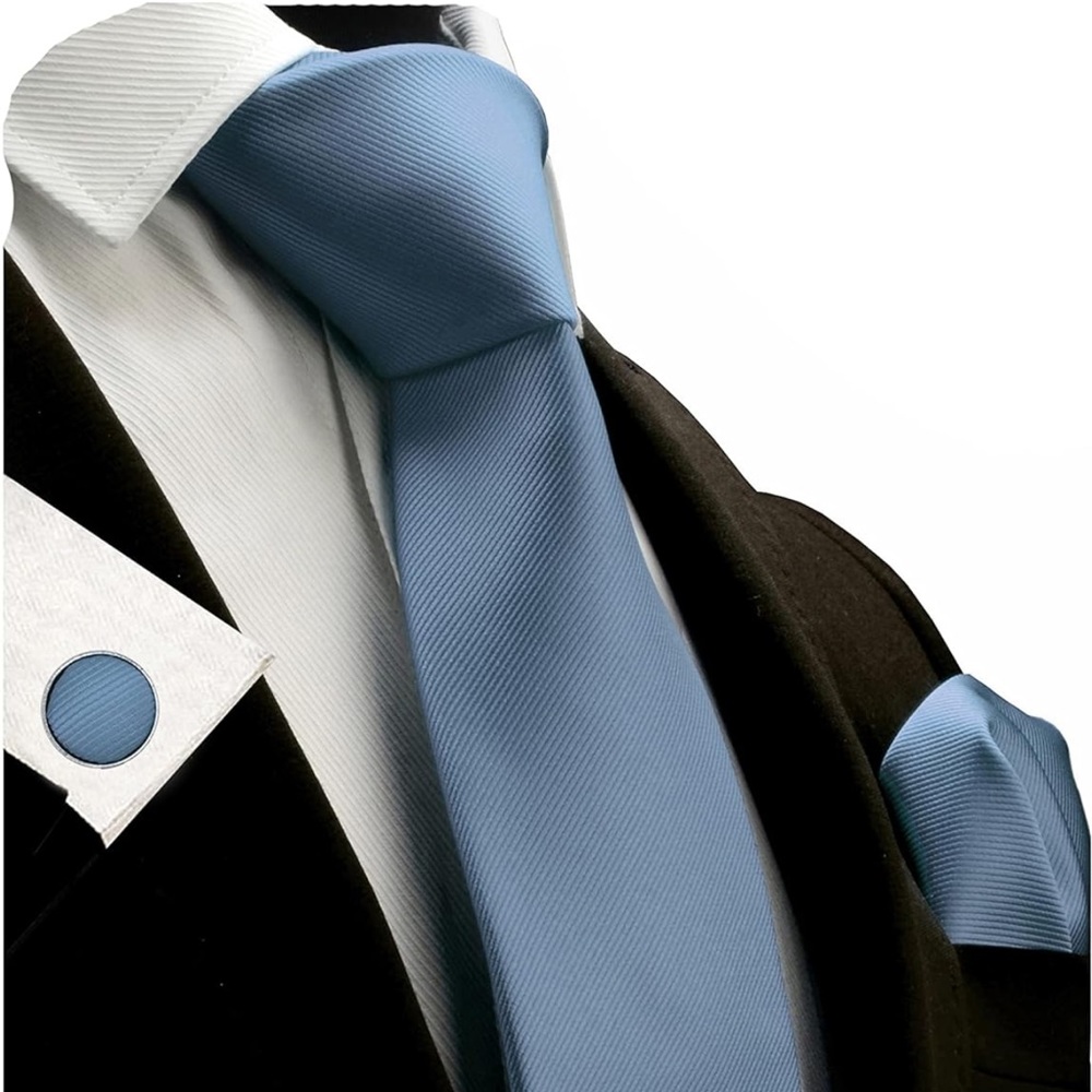 Dusty blue tie with pocket kerchief and cuff links